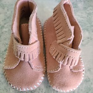 Pink Suede Kids Minnetonka Moccasins